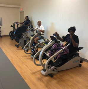 Cardipulmonary exercise on stationary bikes.